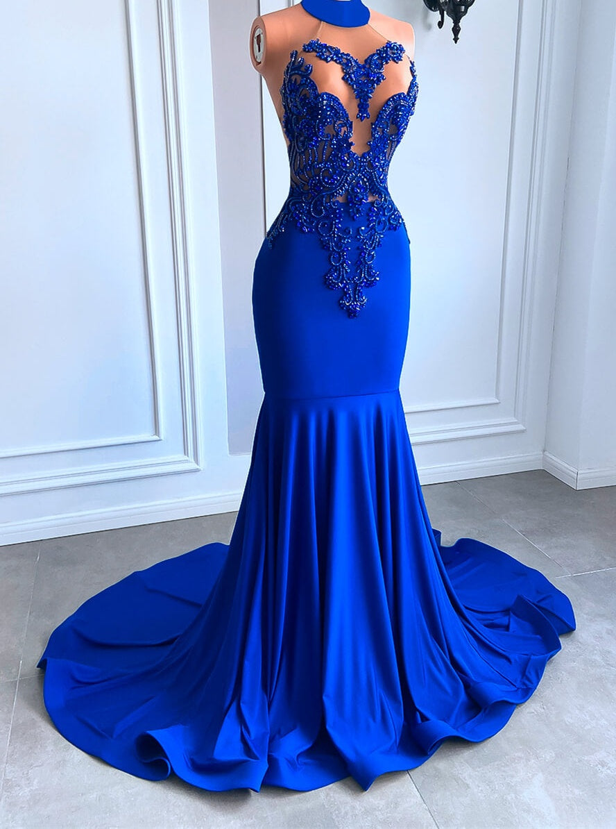Royal Blue High Neck Sleeveless Mermaid Prom Dress with Beadings