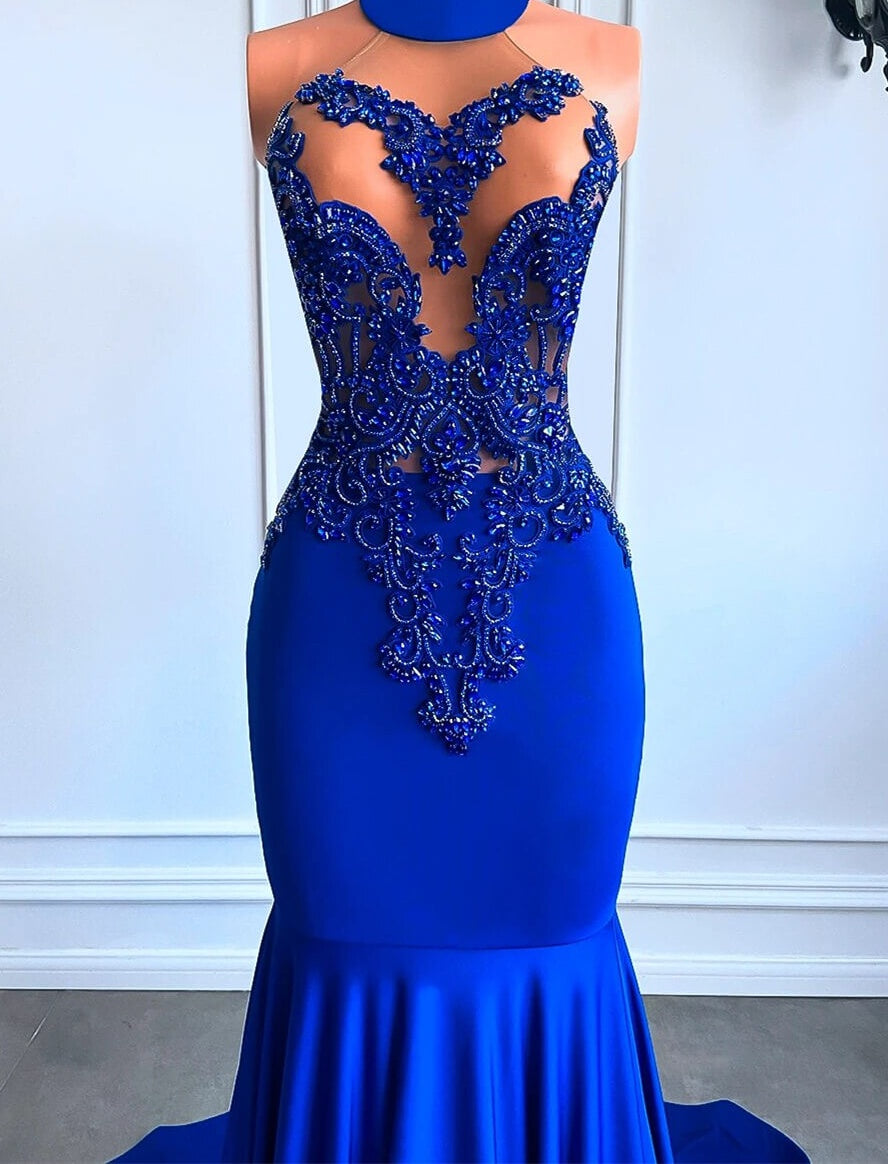 Royal Blue High Neck Sleeveless Mermaid Prom Dress with Beadings