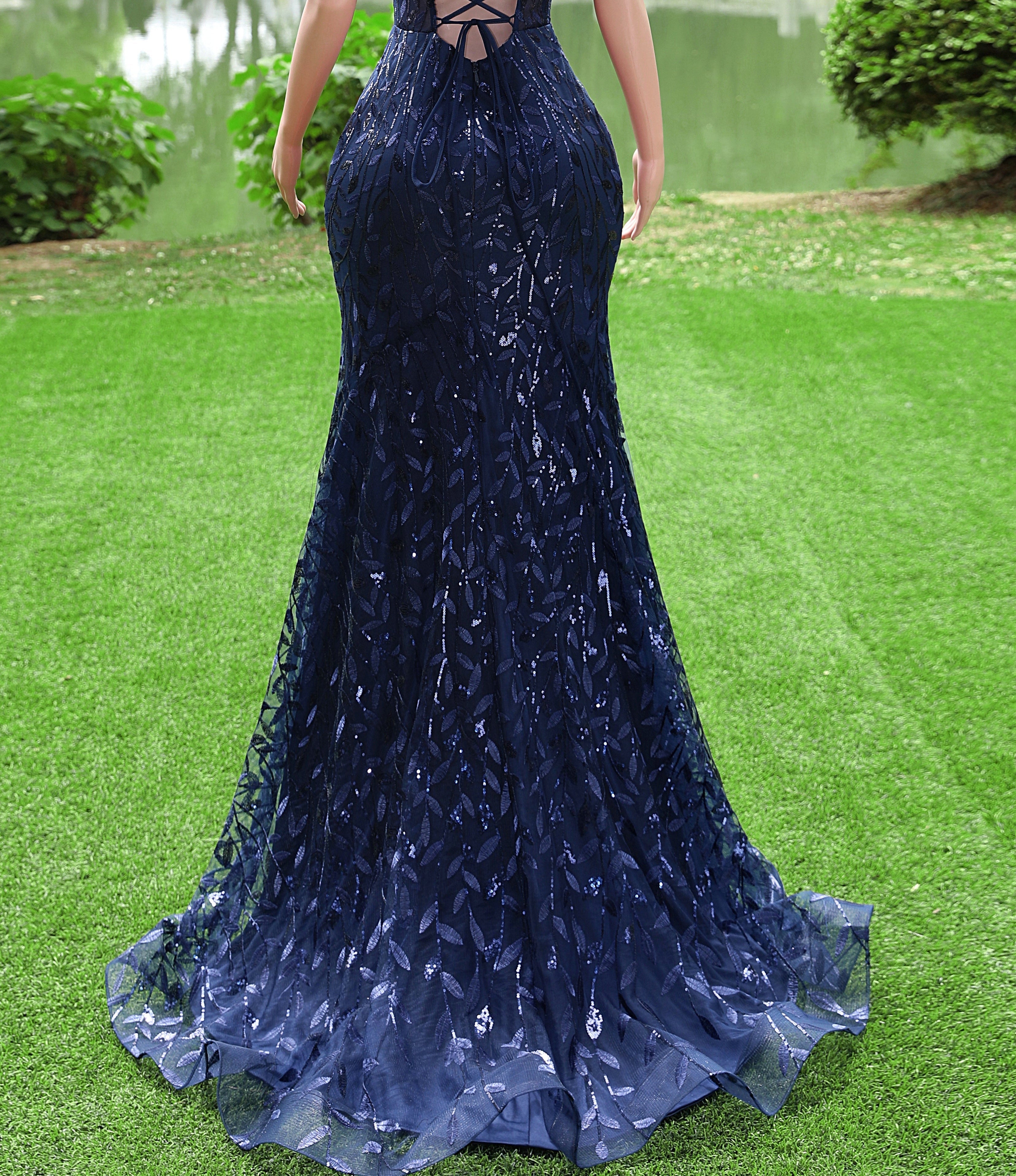 Navy Blue Mermaid V-neck Straps Sequin Lace Prom Dresses