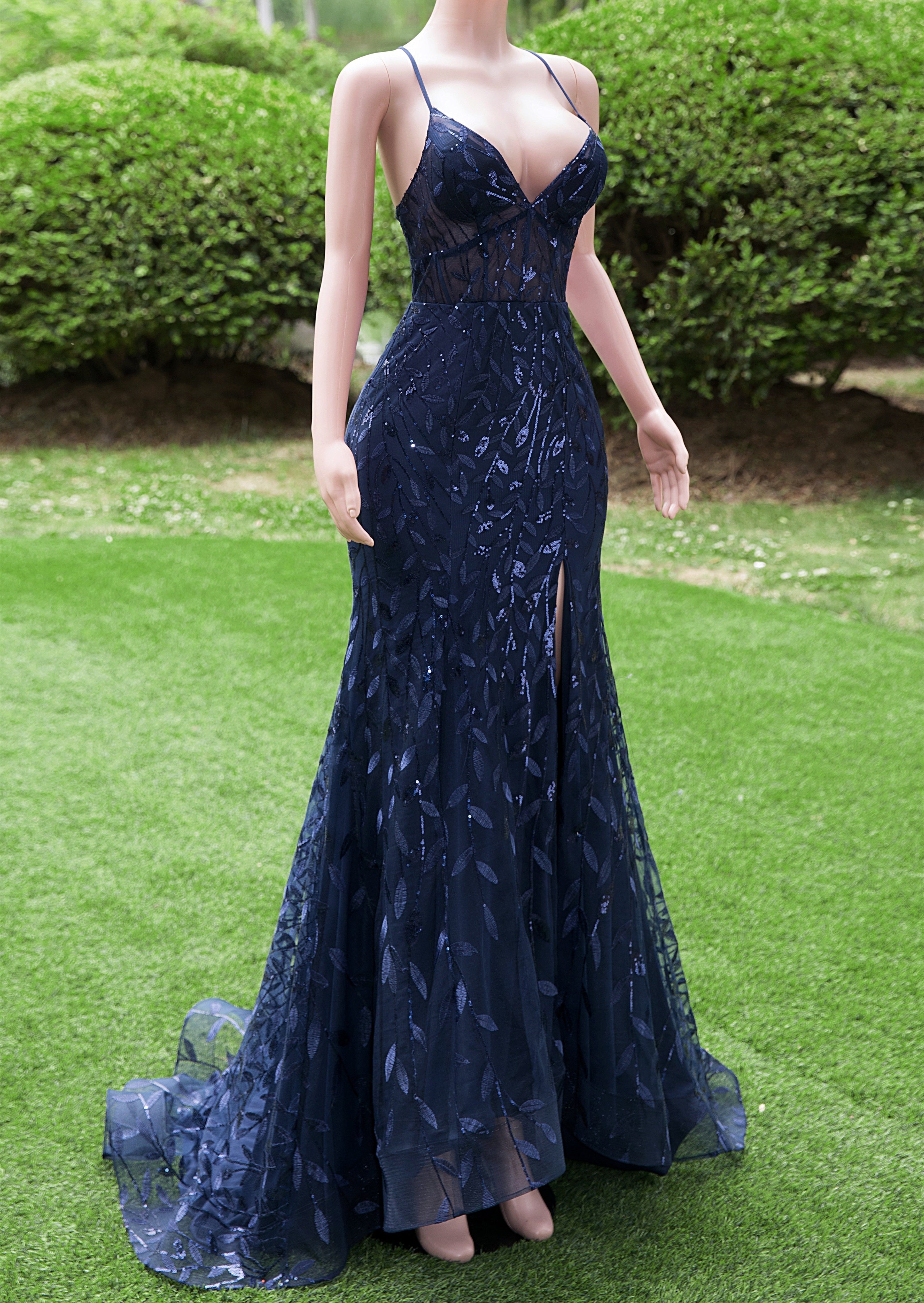 Navy Blue Mermaid V-neck Straps Sequin Lace Prom Dresses