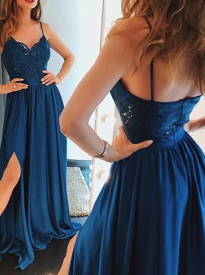 Beautiful Spaghetti-Straps Lace Appliques Prom Dress Long With Split