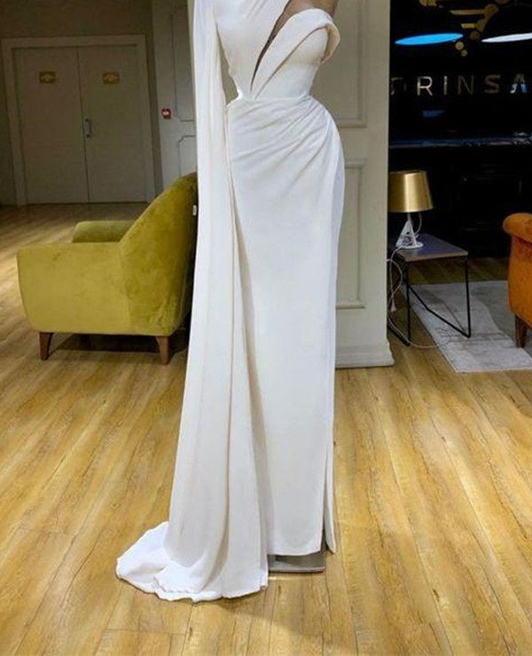 White One Shoulder Mermaid Prom Dress High Neck Evening Gown