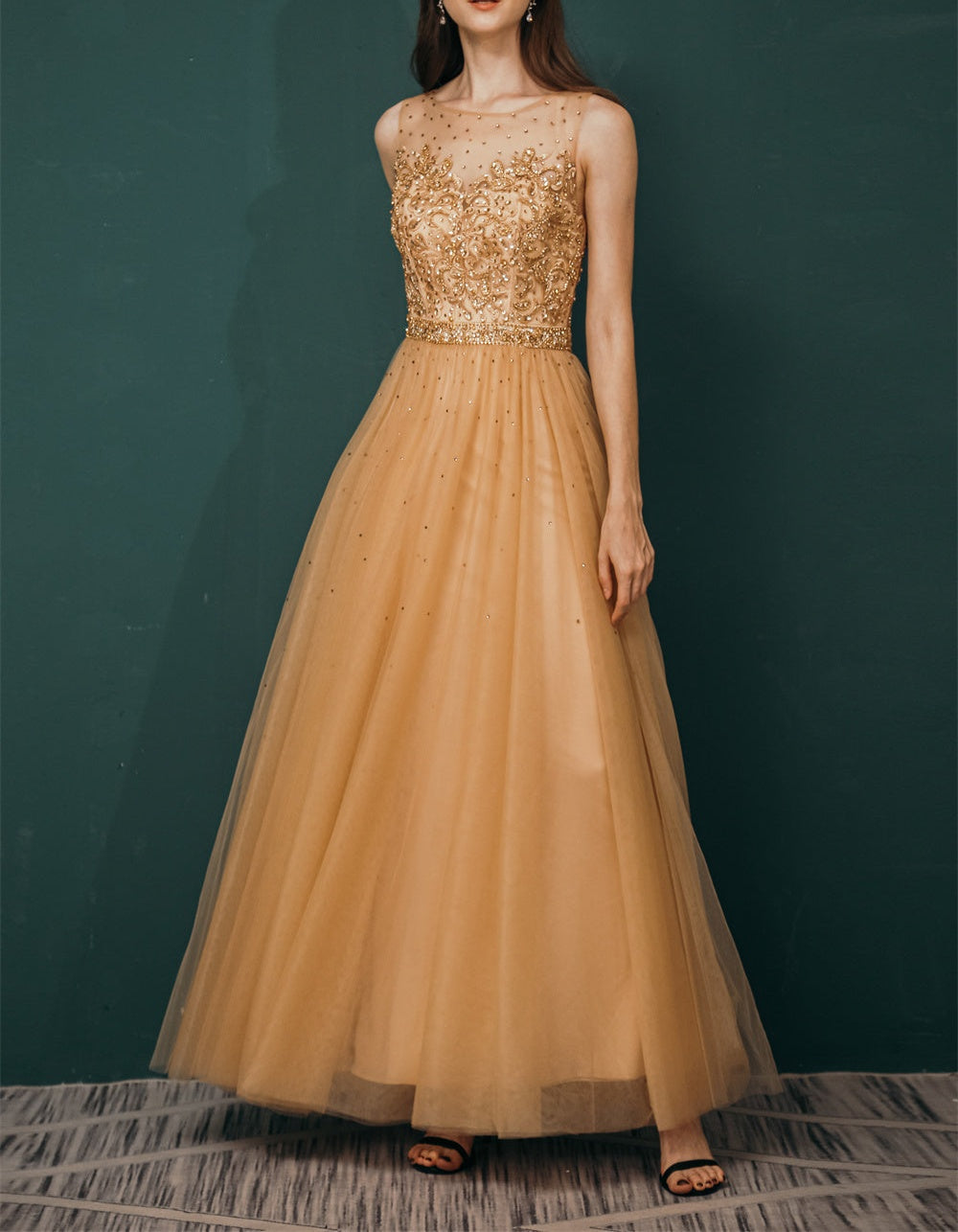 Gold Illusion neck Beaded Appliques Prom Dress