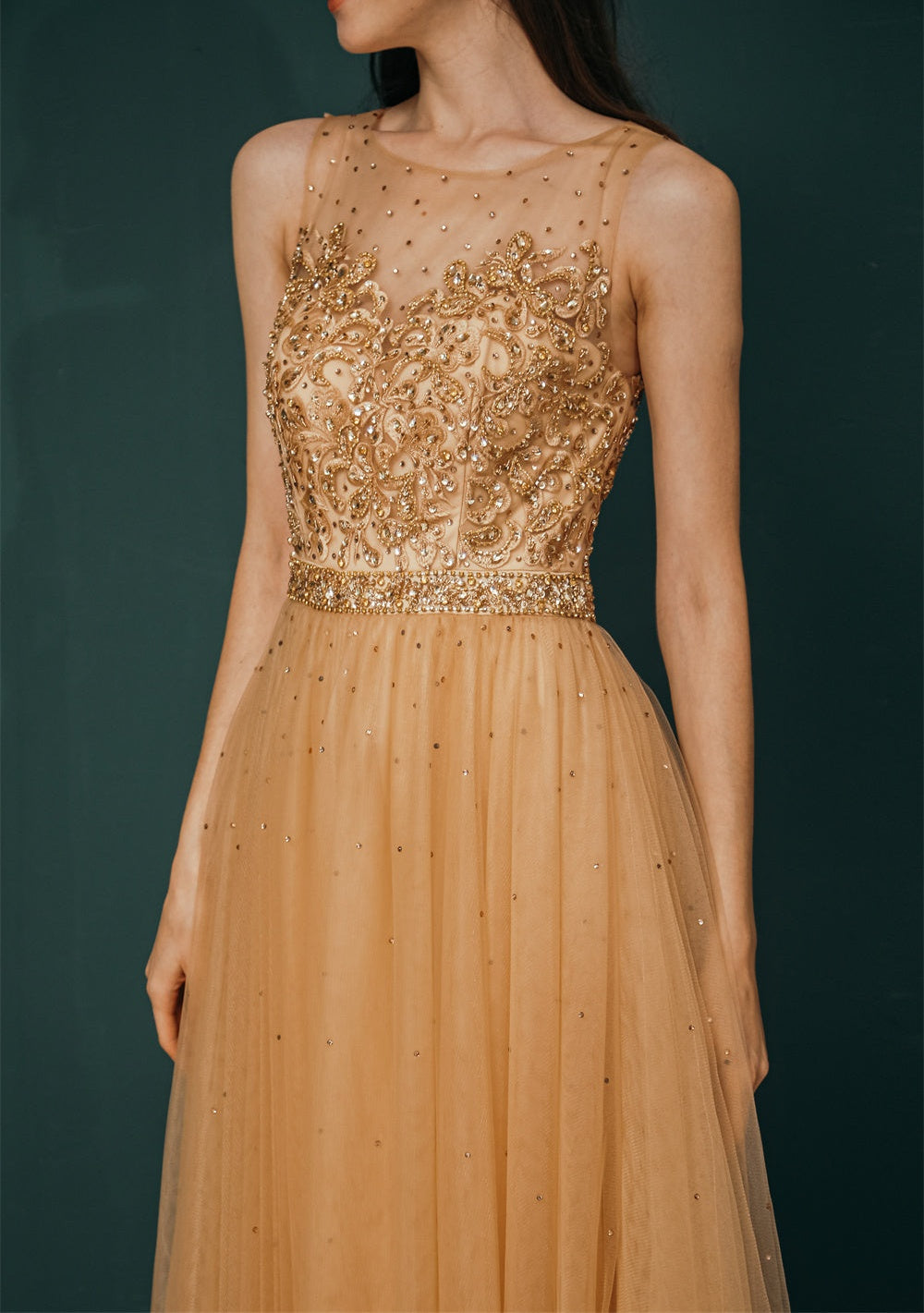 Gold Illusion neck Beaded Appliques Prom Dress
