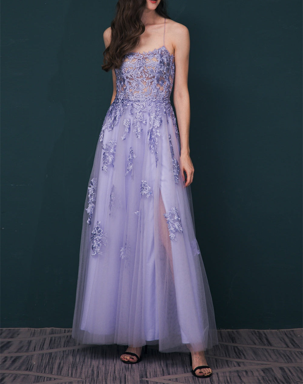 Lavender Spaghetti Strap Lace Appliques High split Prom Dress