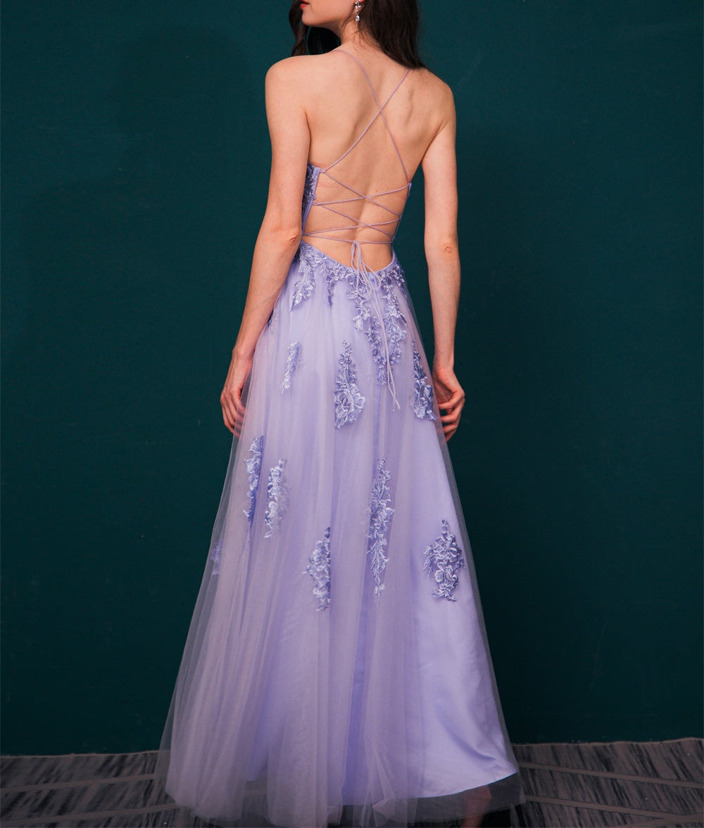 Lavender Spaghetti Strap Lace Appliques High split Prom Dress
