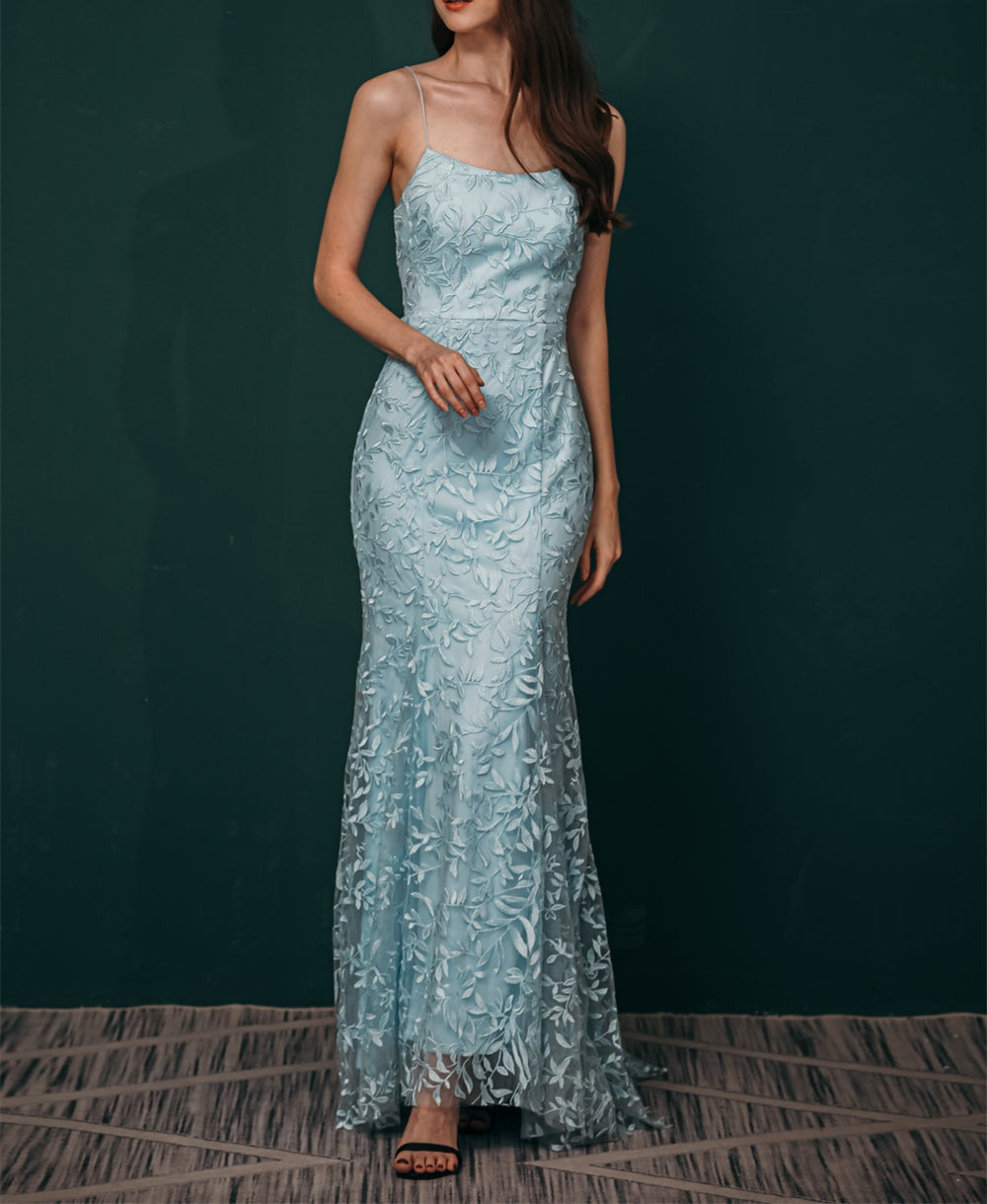 Sky blue Lace Criss-cross back Mermaid Prom Dress