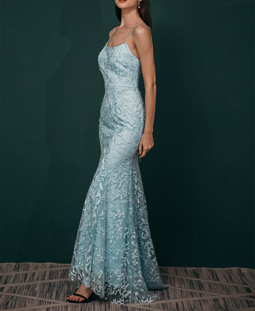 Sky blue Lace Criss-cross back Mermaid Prom Dress