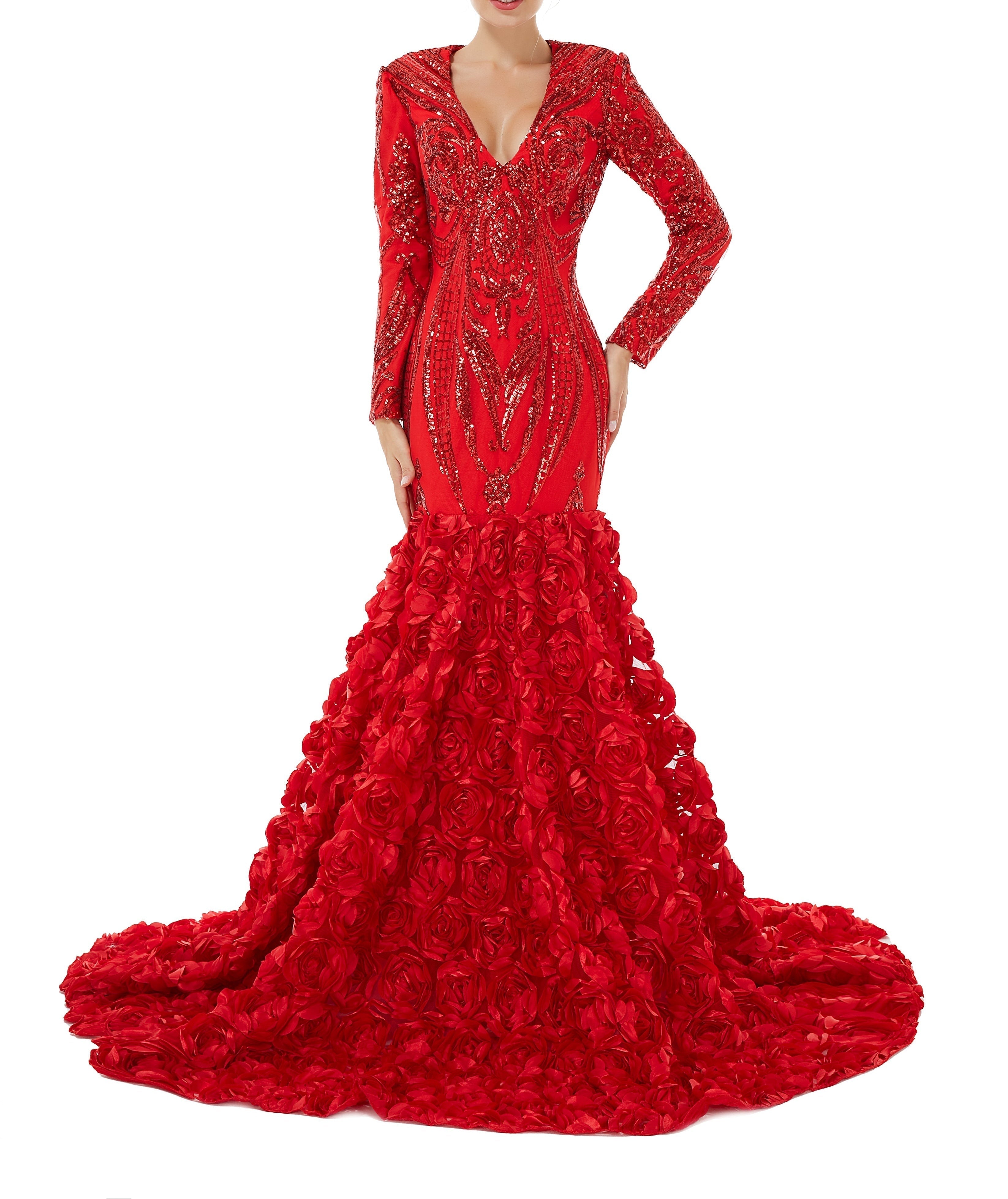 Sexy Sparkle Red Long sleeves V-neck Flowers Prom Dress | ombreprom Real Shooting