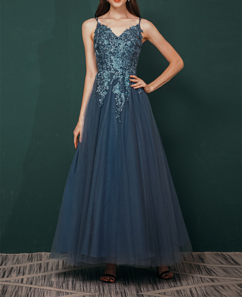 Unique Dusty Blue Tulle A-line Low back Spaghetti-strap Prom Dress