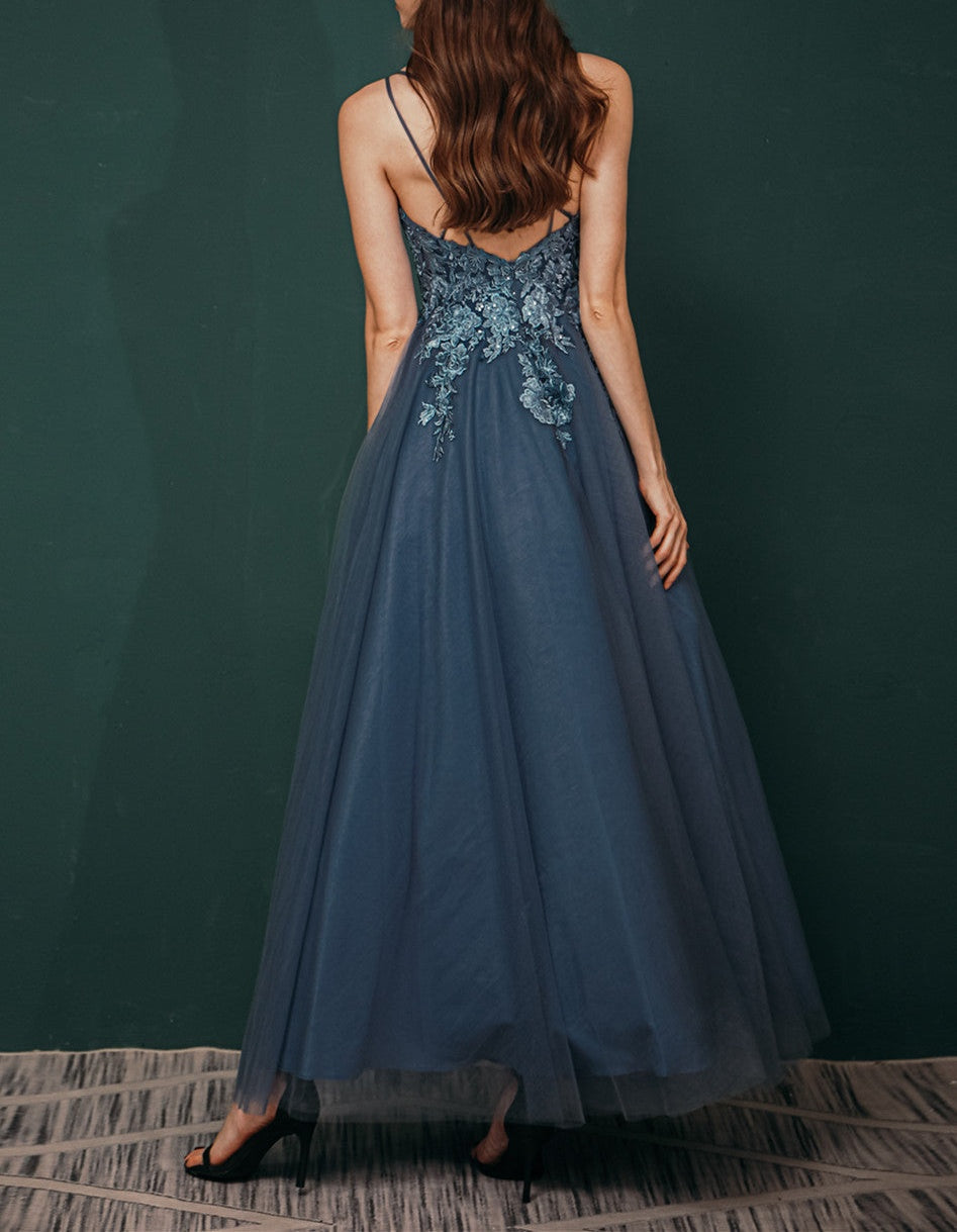 Unique Dusty Blue Tulle A-line Low back Spaghetti-strap Prom Dress