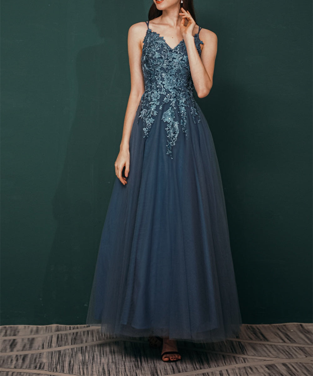 Unique Dusty Blue Tulle A-line Low back Spaghetti-strap Prom Dress