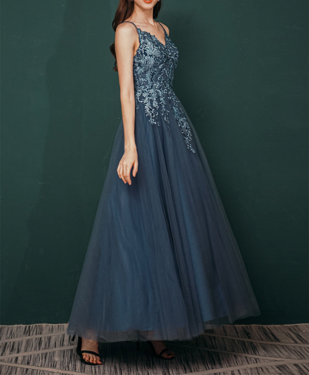 Unique Dusty Blue Tulle A-line Low back Spaghetti-strap Prom Dress