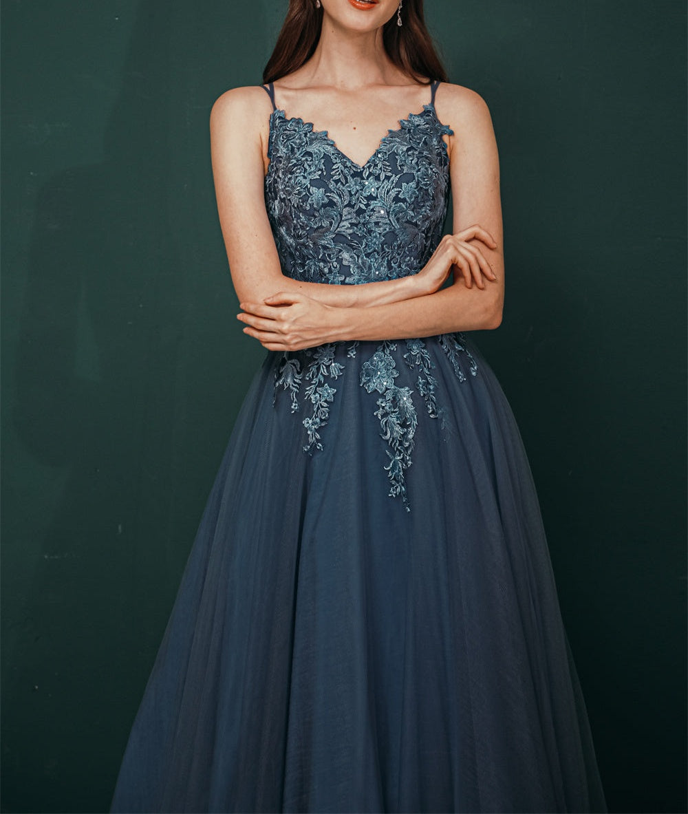 Unique Dusty Blue Tulle A-line Low back Spaghetti-strap Prom Dress