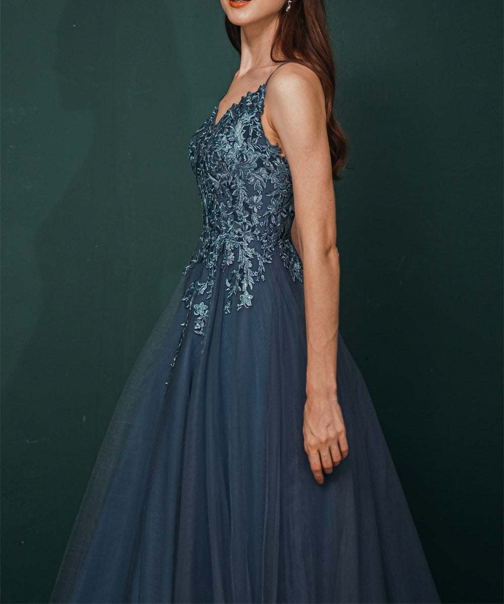 Unique Dusty Blue Tulle A-line Low back Spaghetti-strap Prom Dress