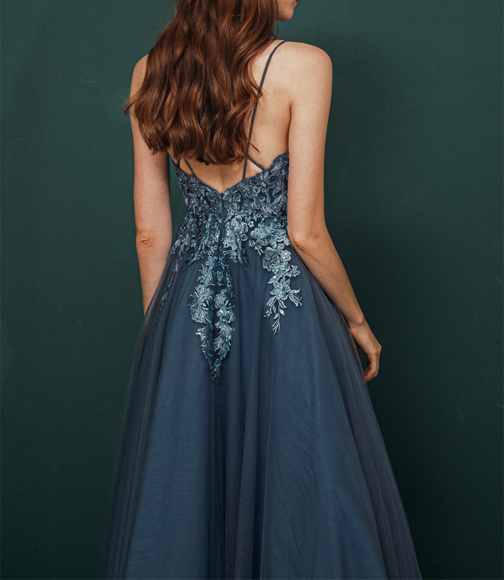Unique Dusty Blue Tulle A-line Low back Spaghetti-strap Prom Dress