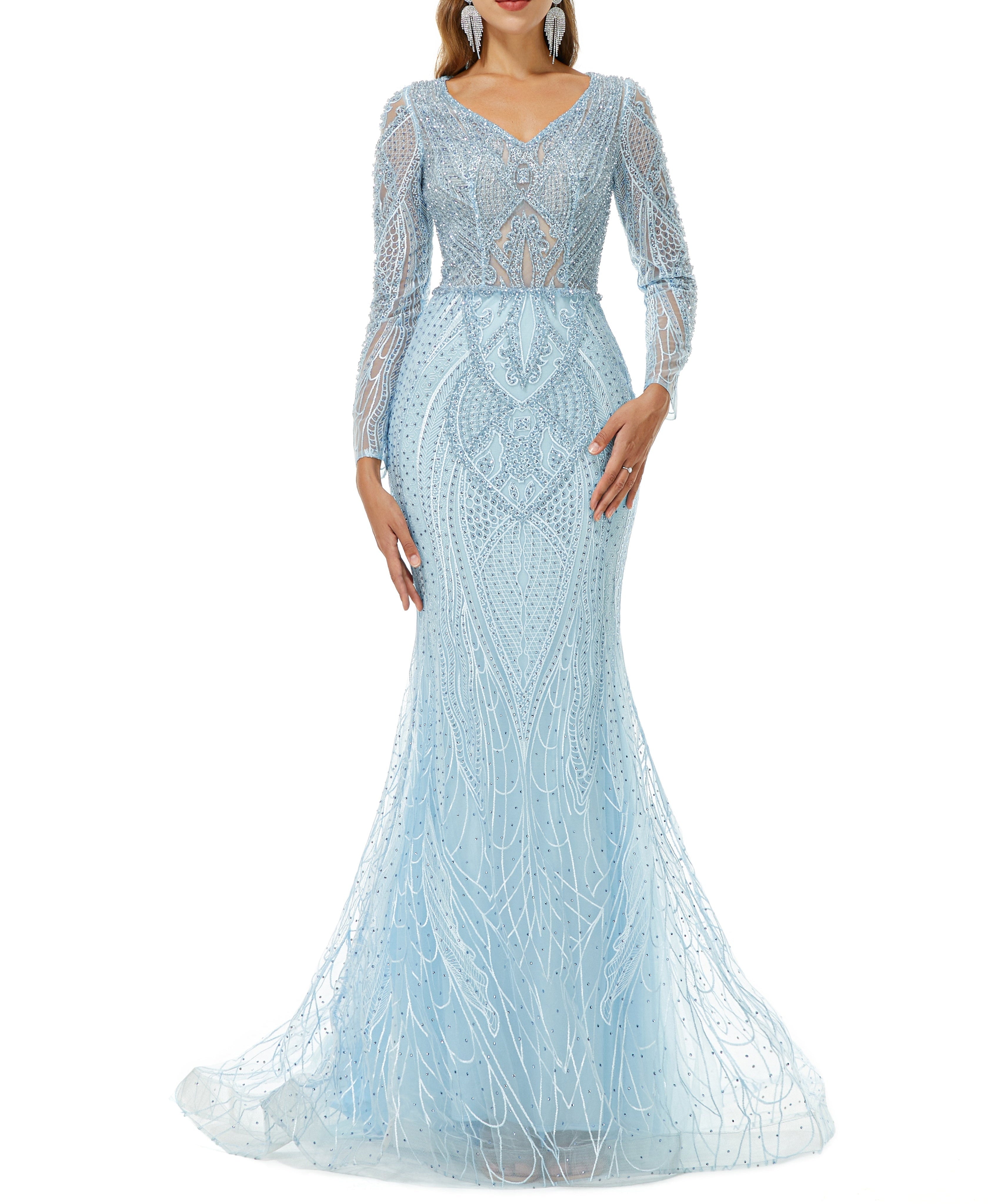 ombreprom Design | Sparkle Beaded Mermaid V-neck Long sleeves Prom Dresses