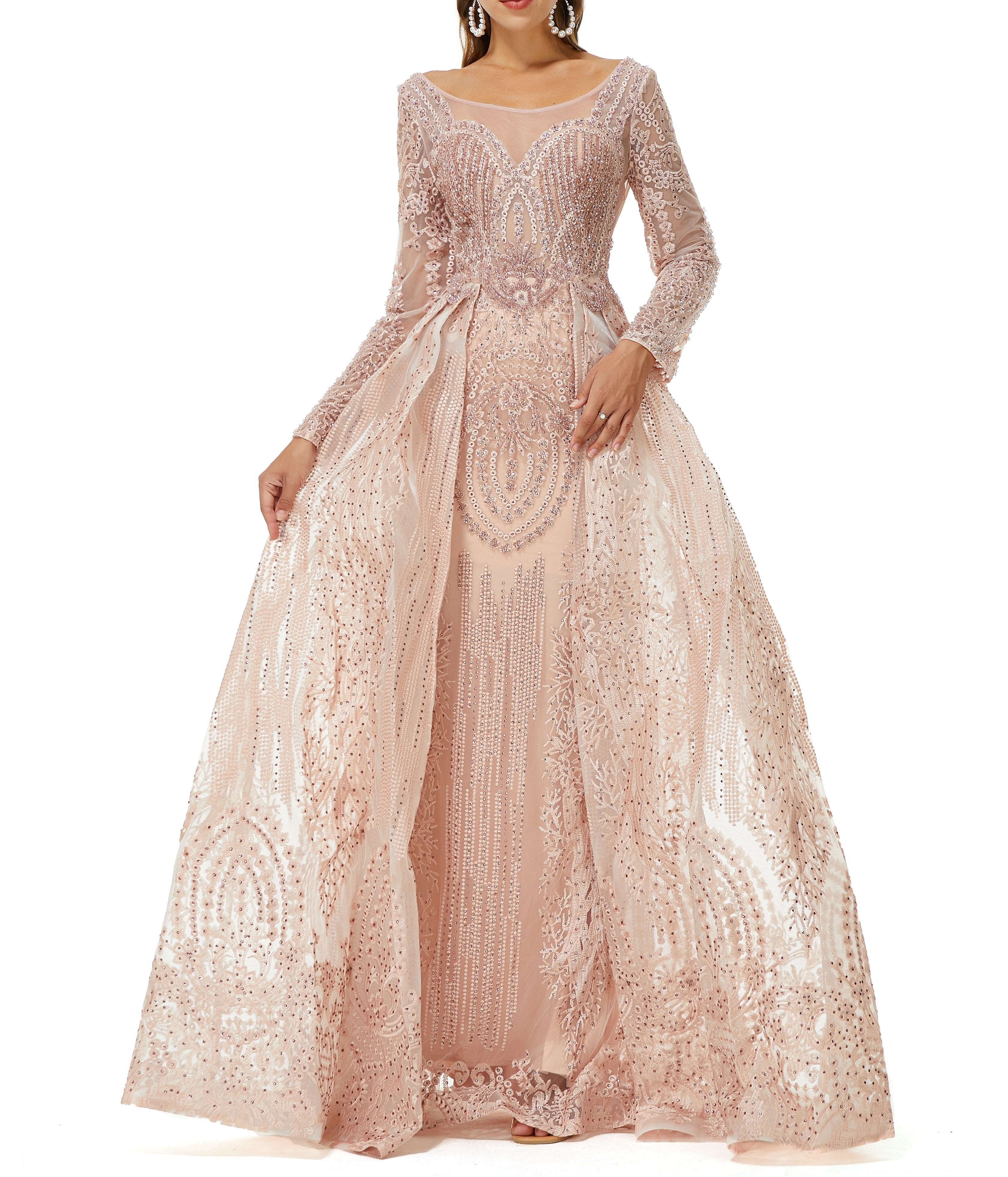 ombreprom Design | Champange Sparkle Beaded Long Sleeves Prom Dresses with Overskirt