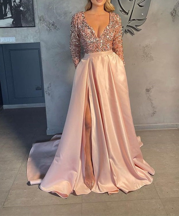 Long Sleeves V-Neck Sequins Prom Dress Long With Slit Online