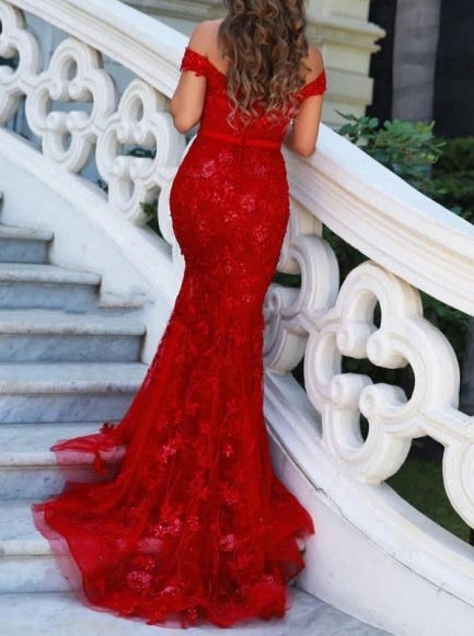Charming Red Off-the-shoulder Mermaid Long Prom Dresses with Glitter