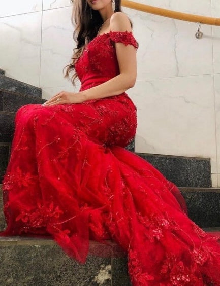 Charming Red Off-the-shoulder Mermaid Long Prom Dresses with Glitter