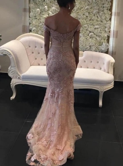 Glamorous Pink Off-the-shouder Prom Dresses Glitter Lace Mermaid Evening Gowns