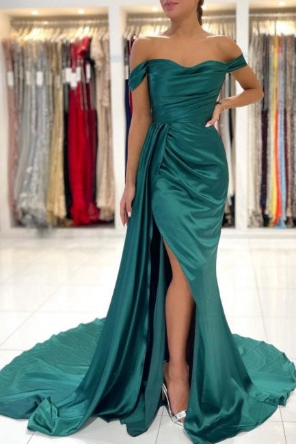 Modern Dark Green Off-the-shoulder Slit Mermaid Prom Dresses