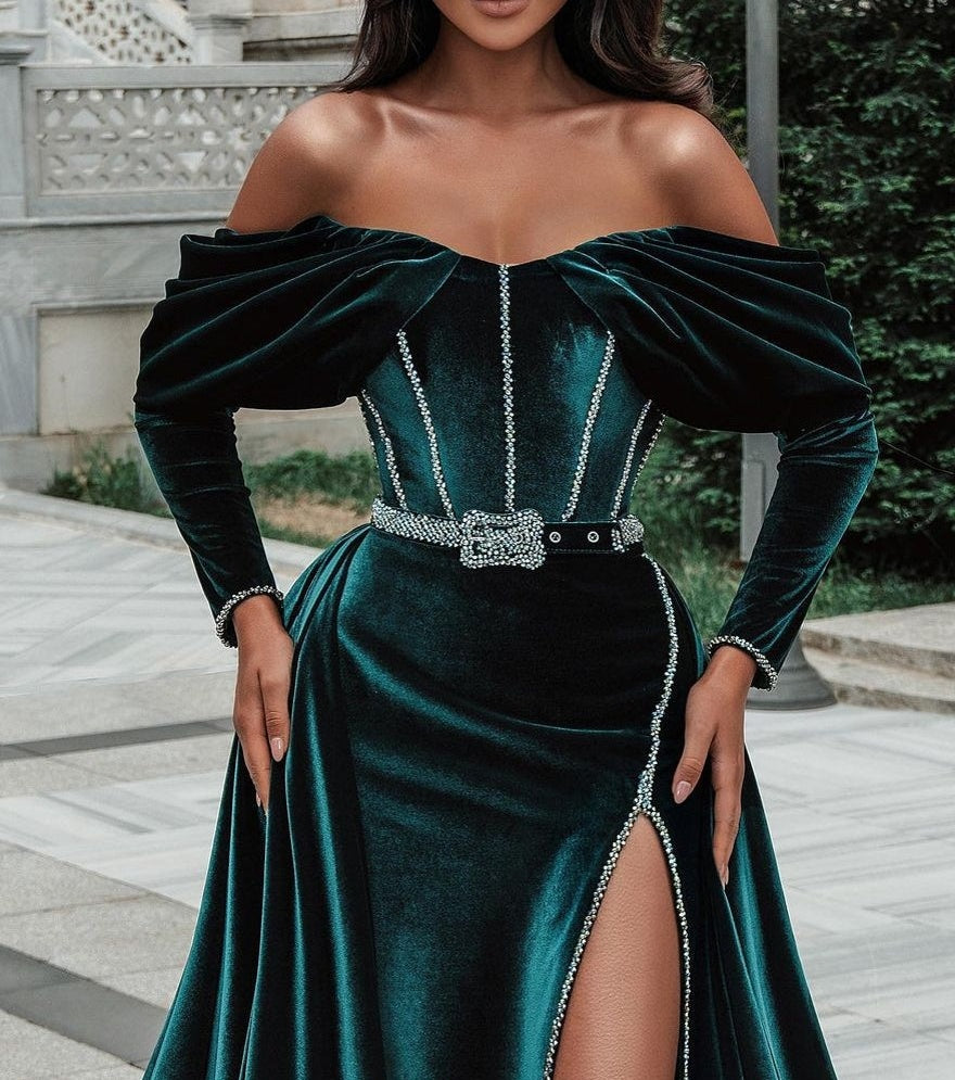 Off the shoulder Dark Green Velvet High split Prom Dress with detachable train