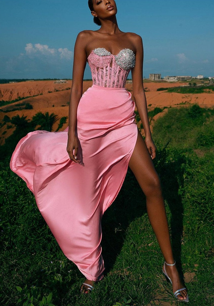 Gorgeous Pink Beaded Sweetheart High Split Mermaid Prom Dress