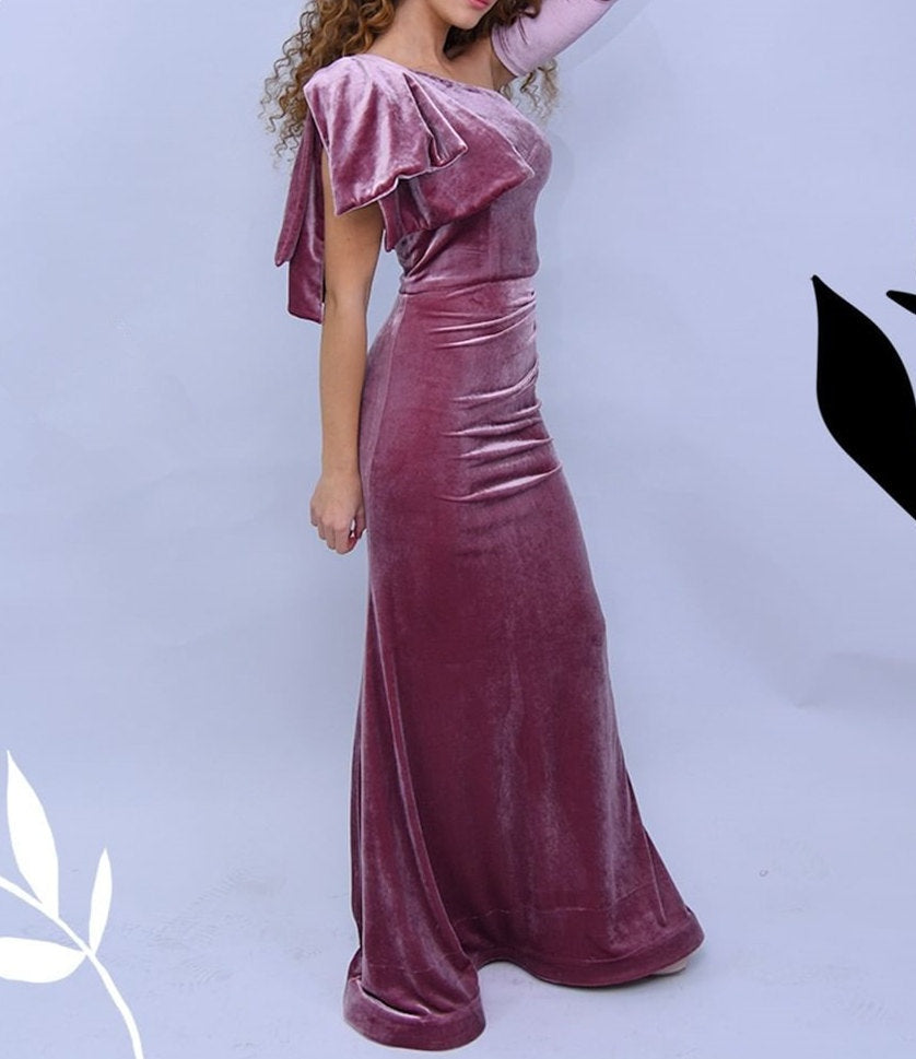 Simple One shoulder Velvet Floor length Mermaid Prom Dress