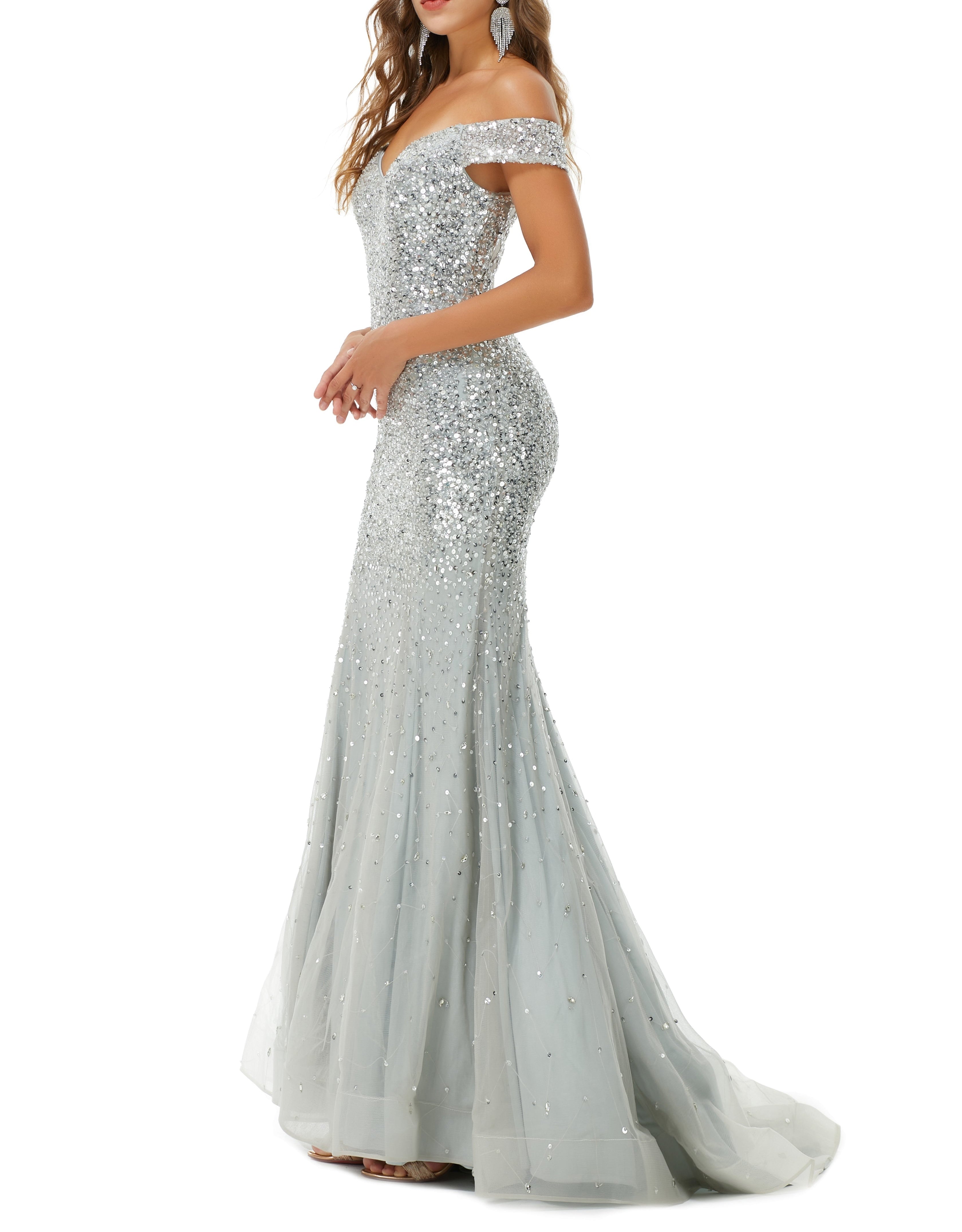 ombreprom Design | Sparkle Silver Mermaid Beaded Cap sleeves Off-the-shoulder Prom Dresses