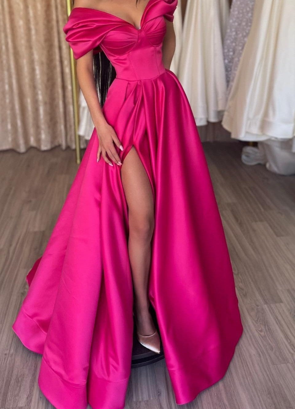 Fuchsia Off-the-Shoulder Prom Dress Long Split V-Neck