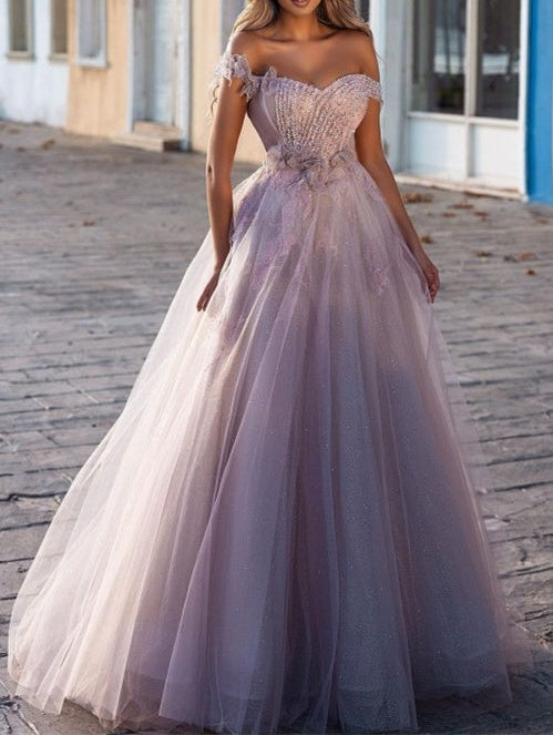 Charming Off-the-shoulder Tulle Prom Dress With Beads