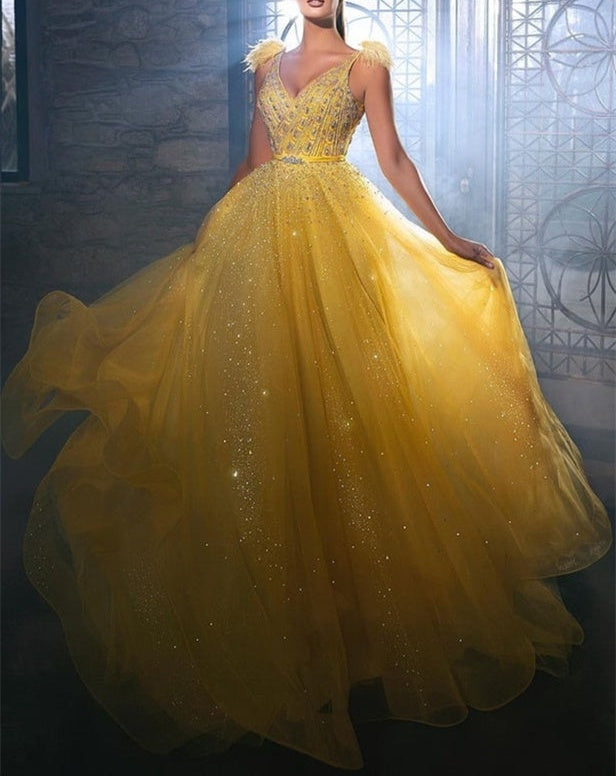 Charming Yellow Sequins Sleeveless Long A-line Prom Dress With Beads