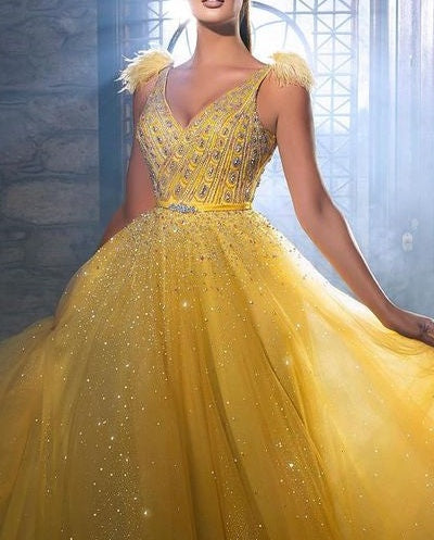 Charming Yellow Sequins Sleeveless Long A-line Prom Dress With Beads