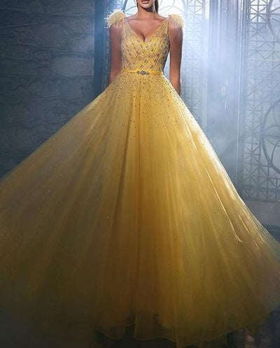 Charming Yellow Sequins Sleeveless Long A-line Prom Dress With Beads