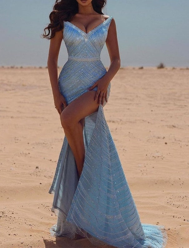 Fabulous Blue V-neck Sequins Mermaid Prom Dress Split