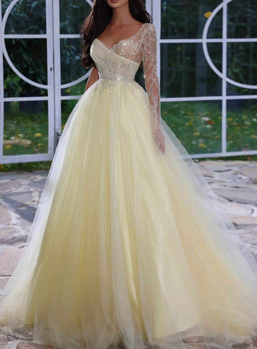 Charming A-line Long Sleeves Prom Dress With Beads Sequins