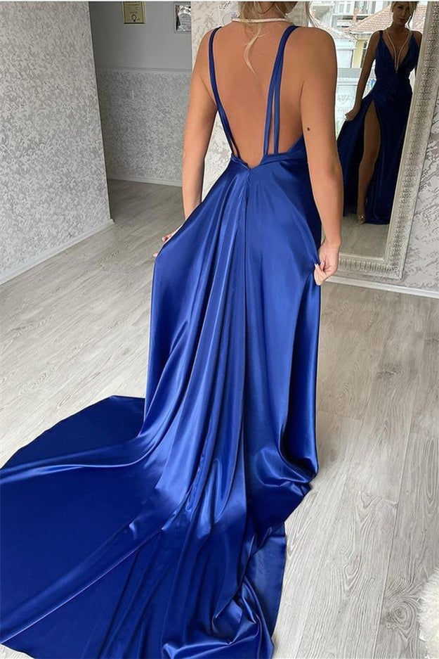 Classic Royal Blue V-neck Slit Prom Dresses Mermaid Long