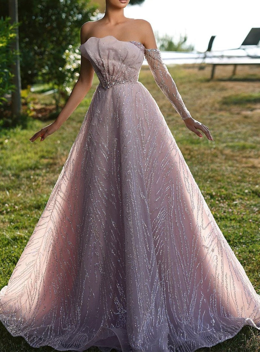 Stunning Long Sleeve Prom Dress With Ruffles Off-the-shoulder