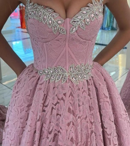 Gorgeous Pink Spaghetti-Straps Prom Dress Lace Holiday Dress Long