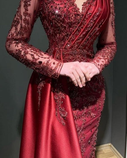 Chic Long Sleeves Burgundy Prom Dress Mermaid Long With Beads Lace Appliques