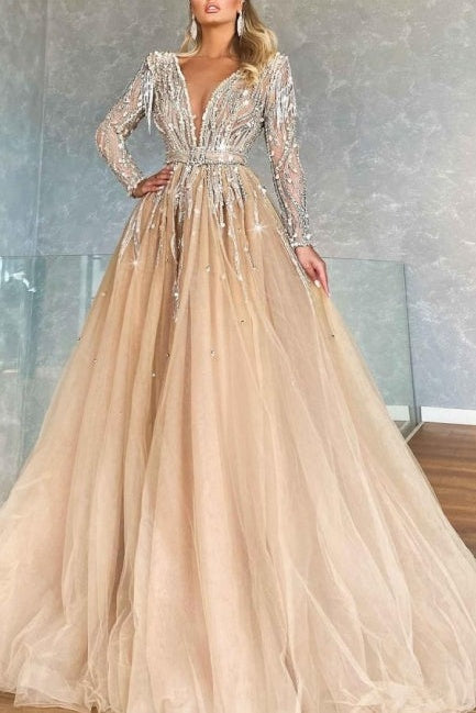 ombreprom Luxurious V-neck Ball Gown Prom Dresses With Beads Long Sleeves