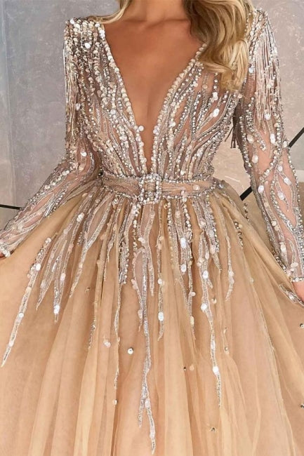 ombreprom Luxurious V-neck Ball Gown Prom Dresses With Beads Long Sleeves