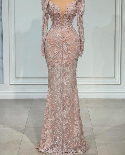 ombreprom Designer Pink V-neck Lace Mermaid Prom Dress Evening Gowns With Long Sleeves