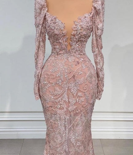 ombreprom Designer Pink V-neck Lace Mermaid Prom Dress Evening Gowns With Long Sleeves