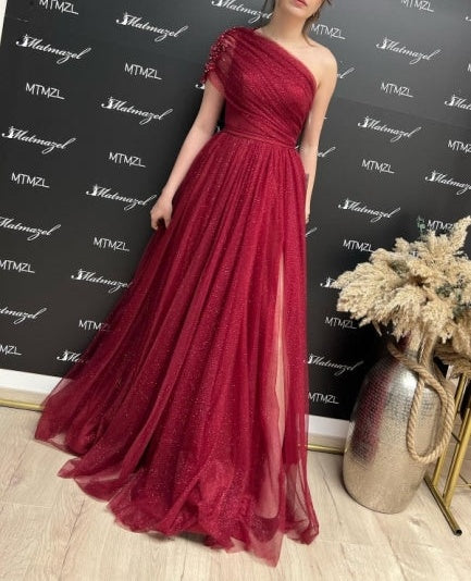 ombreprom Fabulous Burgundy One Shoulder Sleeveless Prom Dress With Slit Long Glitter