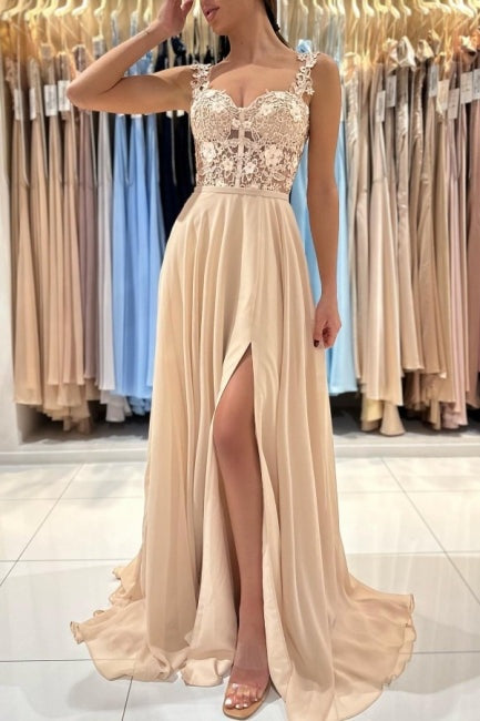 ombreprom Chic Lace Sleeveless Prom Dress With Slit Long Champagne