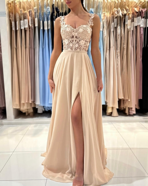 ombreprom Chic Lace Sleeveless Prom Dress With Slit Long Champagne