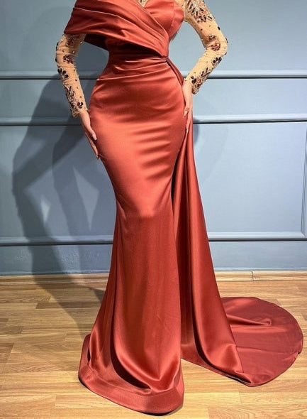 Charming Russet One Shoulder Stretch Satin Evening Prom Dresses with Ruffles